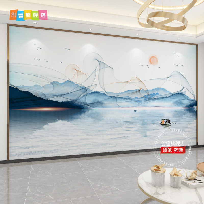 千里江山图电视背景墙壁布客厅新款中式壁纸3d立体壁画影视墙|undefined