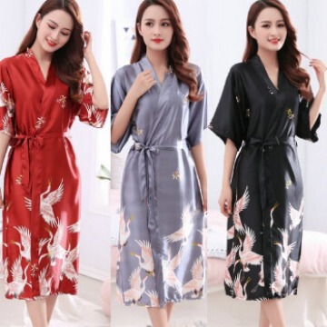 Extra Long Nightgown Crane Printed Silk Single Gown Wedding Bride Home Extra Large Foreign Trade Satin Nightgown