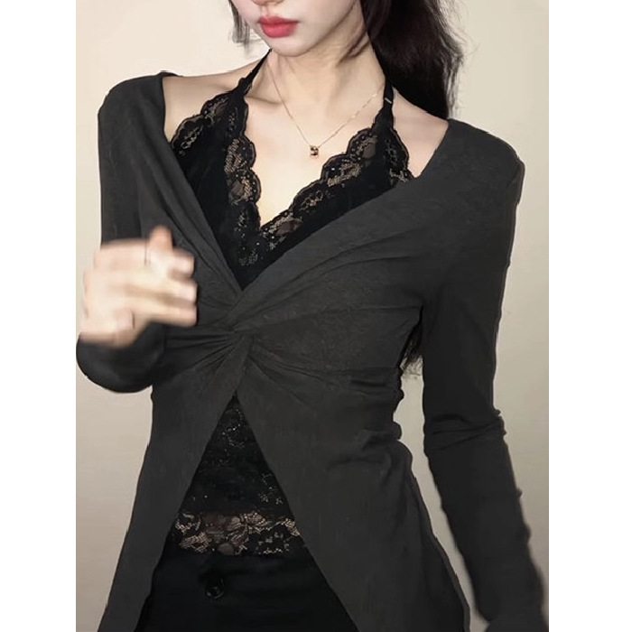 纯欲风长袖打底衫女2025新款初秋韩系穿搭蕾丝t恤假两件辣妹上衣