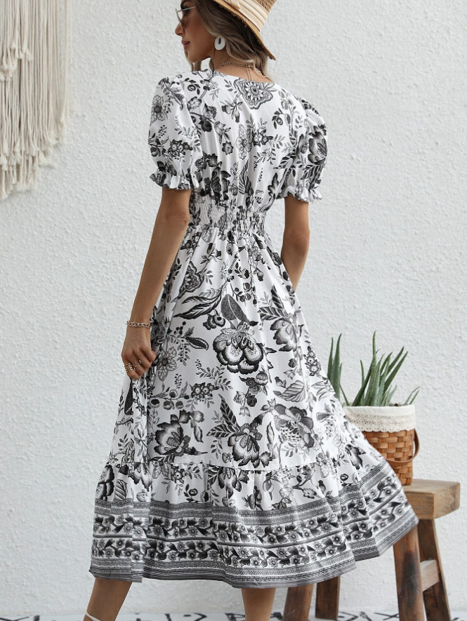 Swing Dress Dresses Type Puff Sleeve Sleeve Type Wholesale Women's Vintage Style Vacation Printing Printing Holiday Travel V Neck Short Sleeve Swing Dress