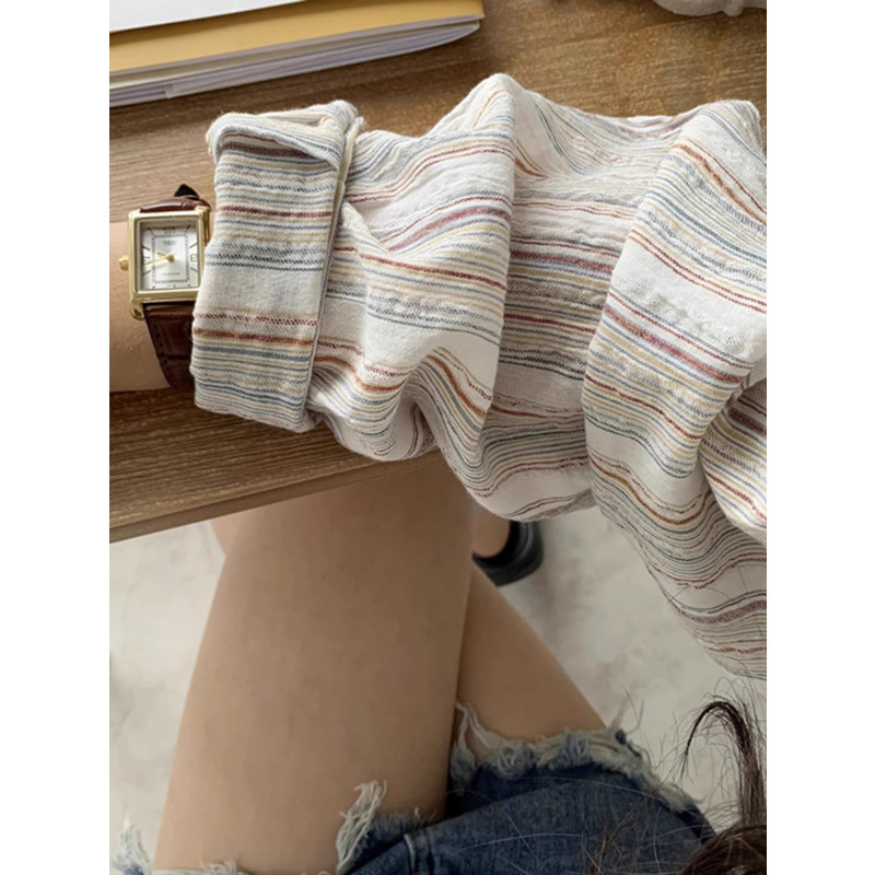 Korean Style Lazy Retro Thin Striped Shirt for Women in Autumn Layered Loose Long-Sleeved Cardigan Jacket Shirt