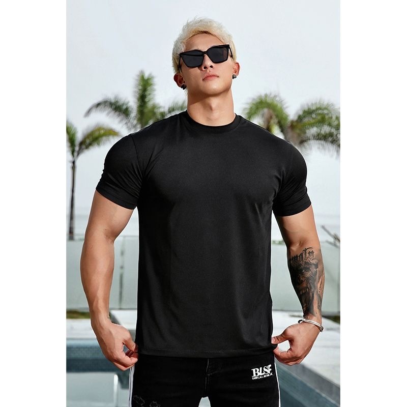 Summer thin solid color sports shirt men's fitness quick-drying…