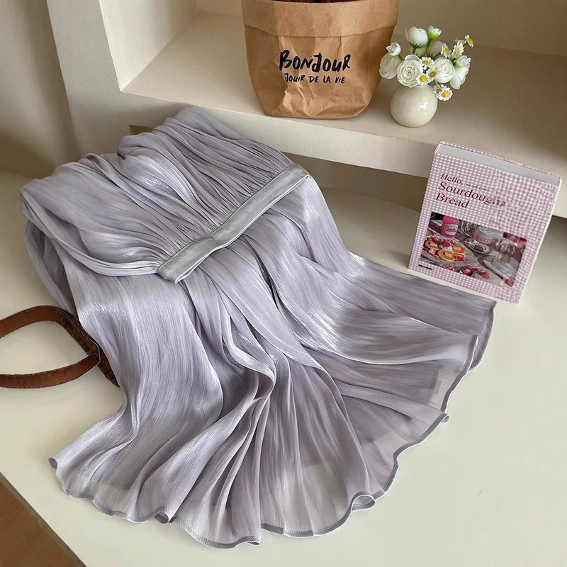Slimming Flowing Skirt, New Summer Gauze Skirt, Pearlescent Pleated Skirt, Mid-Length High-End Skirt