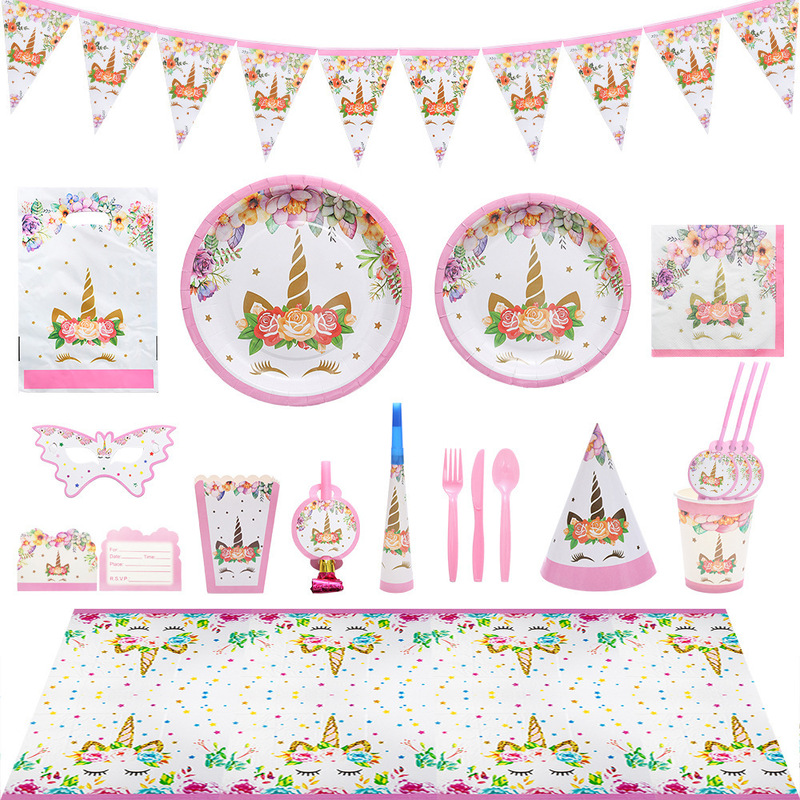 Unicorn-Themed Children's Birthday Holiday Party Scene Atmosphere Props and Decorations Disposable Plate Set