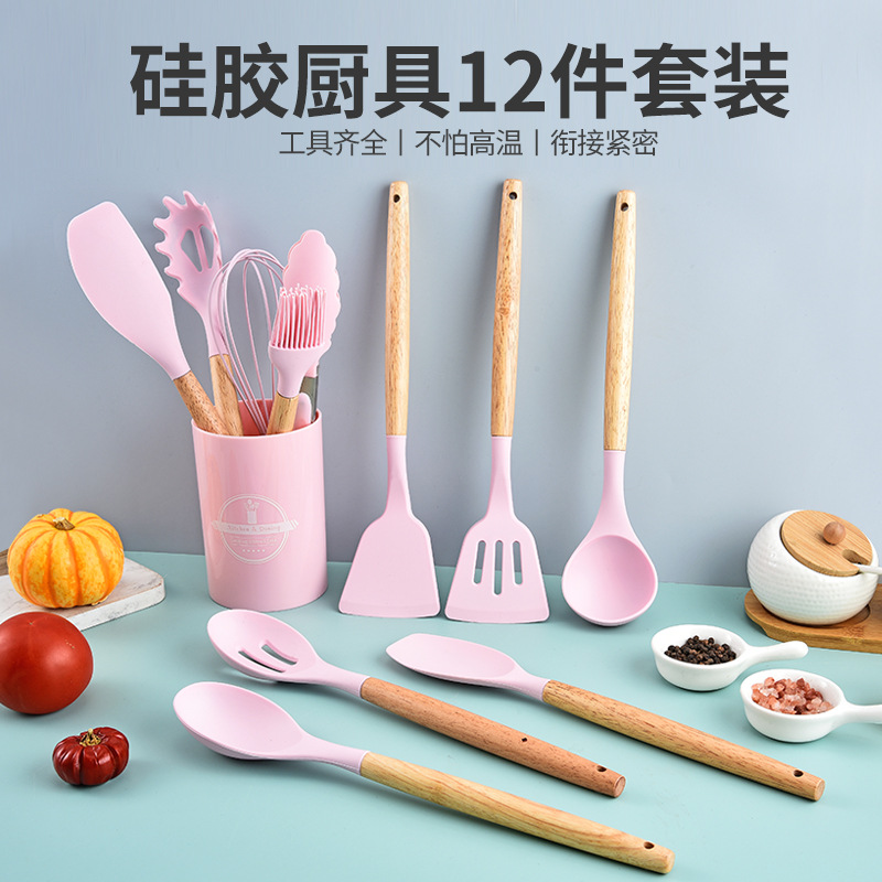 Utensilios de cocina de silicona, juego de 12 piezas, espátula y cuchara antiadherentes, juego de utensilios de cocina de calidad alimentaria con mango de madera, 11 piezas de almacenamiento