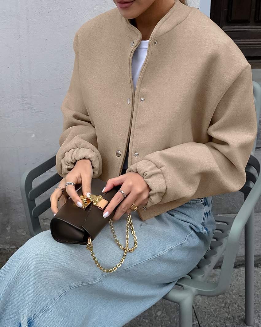 Damenbekleidung 2024 Herbst- und Winterdesign Fliegerjacke Mode Khaki Dicker Stehkragen Wollmantel Pendeln Damenbekleidung_voghion.com