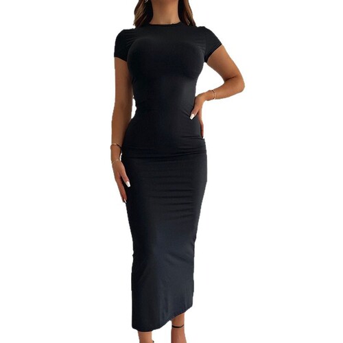 New Street Style Trendy Solid Color Crew Neck Long Dress, Foreign Trade Women's Clothing, European and American Style Fashion Dress