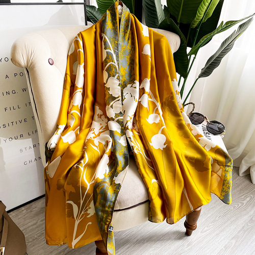  New Floral Pattern Imitation Silk Scarf Fashion Mid-Length Spring and Autumn Scarf Two-Purpose Shawl for Women