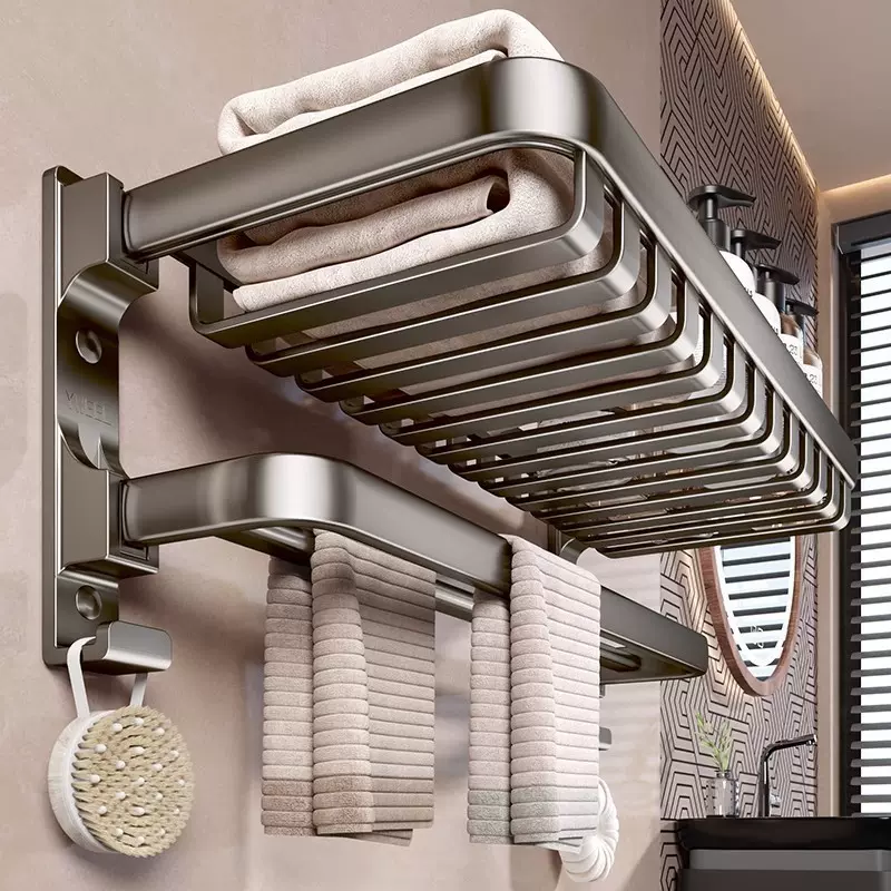 枪灰毛巾架卫生间毛巾杆置物架免打孔浴室架子一体高端厕所浴巾