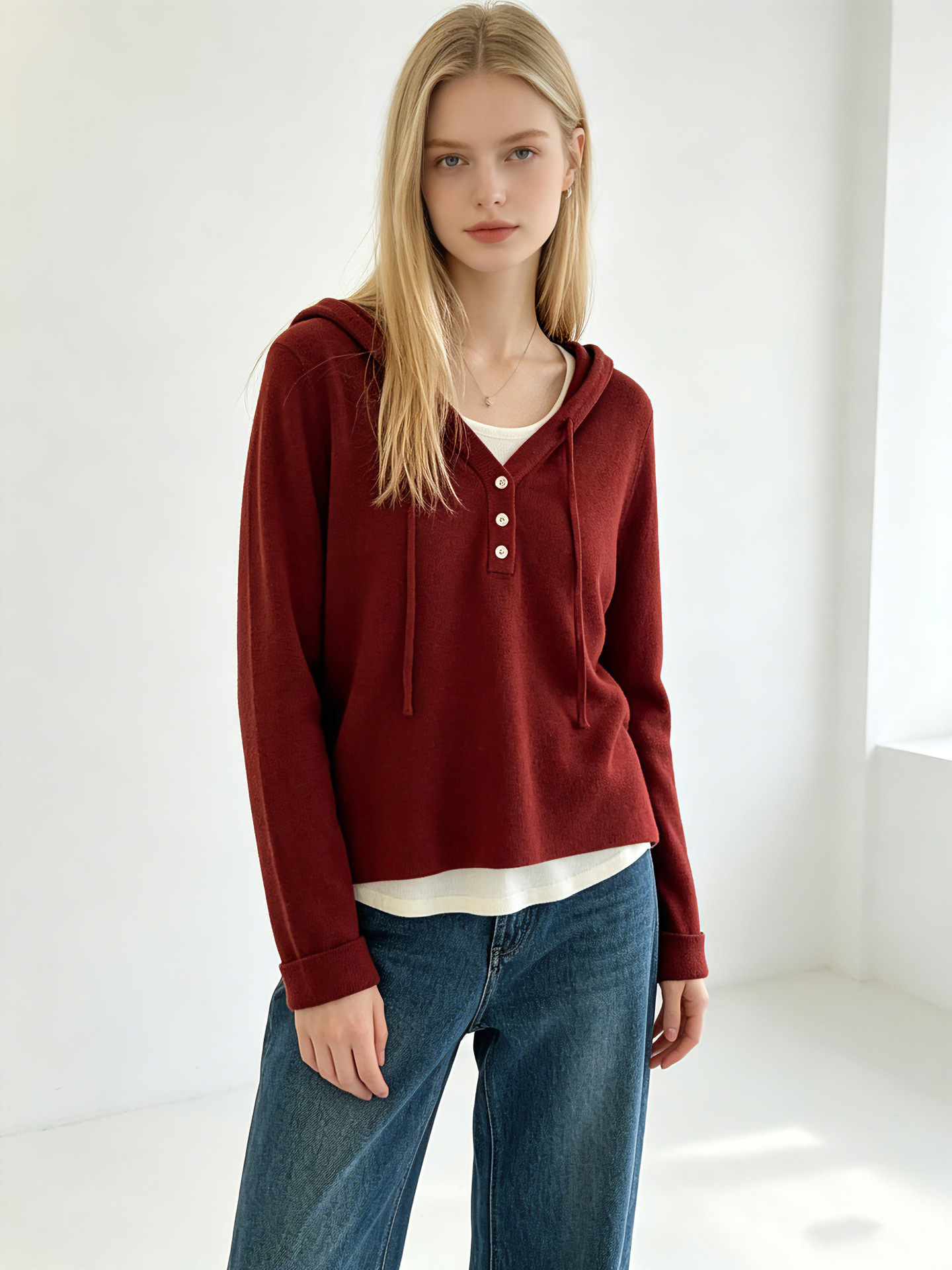 Foreign Trade Cross-Border Women's Clothing European and American Autumn and Winter New Style Fake Two-Piece Hooded Knit Sweater with a Unique Design and Long Sleeves