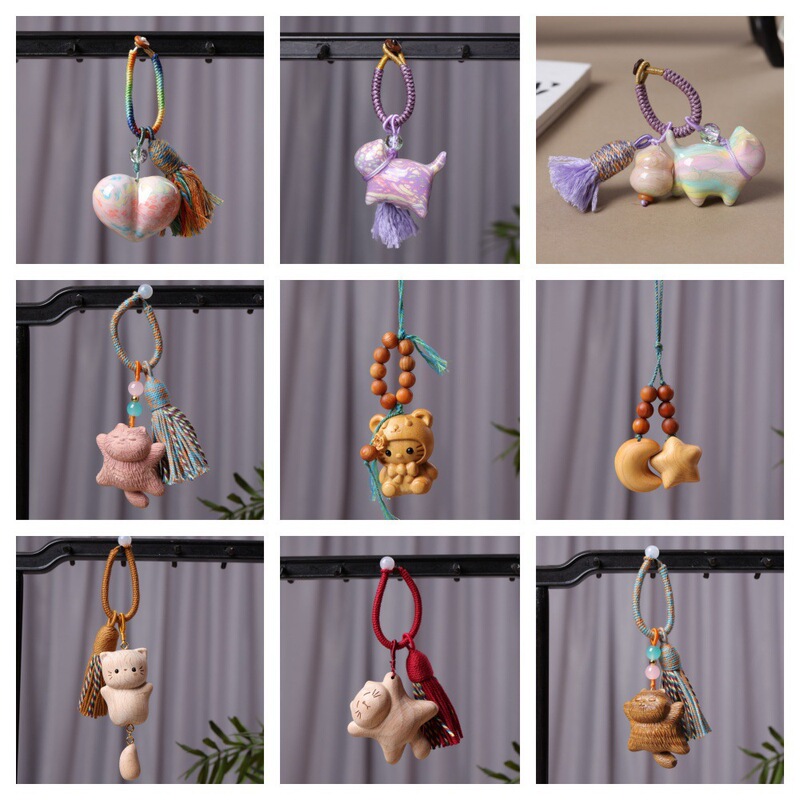 Creative Lacquer Beech Blood Cypress Green Sandalwood Carved Star Moon Cat Couple Keychain Rosary Hand-Twisted Pendant