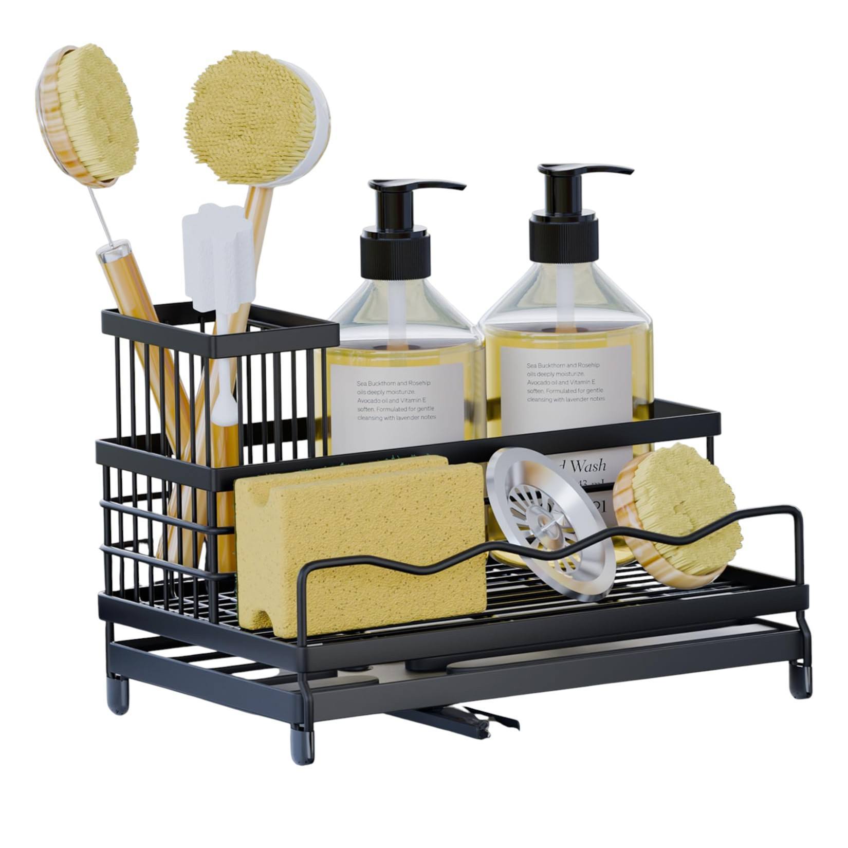 Kitchen Sink Drain Rack with Adjustable Water Guide Pipe, Dish Towel and Sponge Storage Rack, Pull-Out Drain Tray Storage Rack