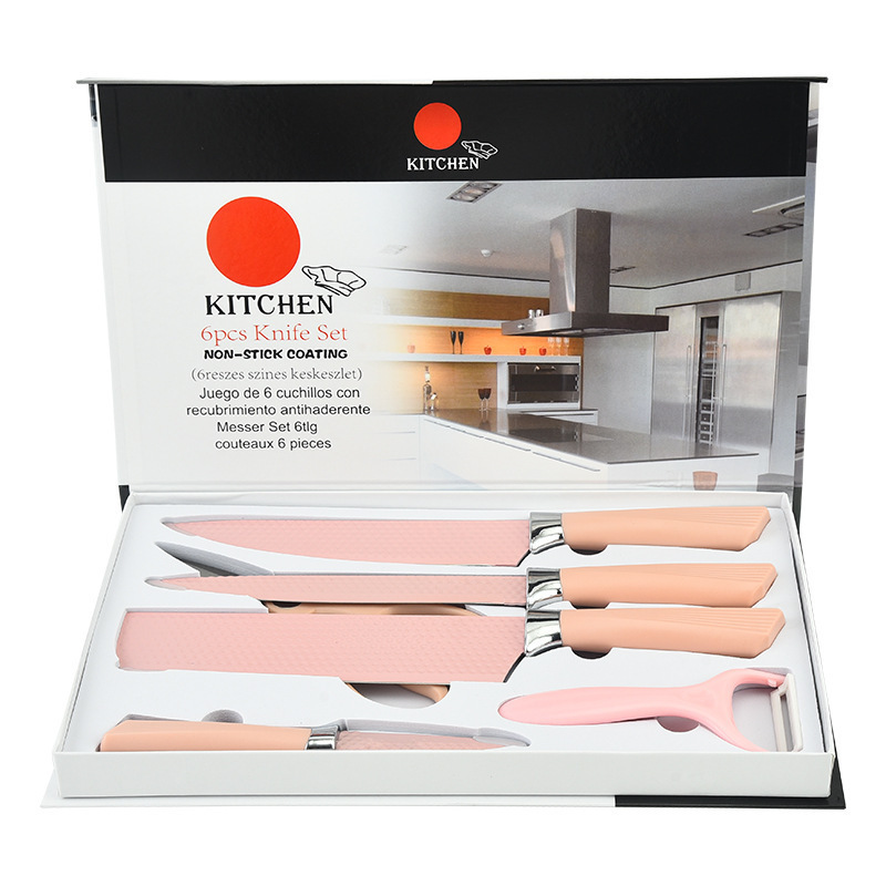 Juego de seis piezas con mango de abanico de diamante hexagonal - caja artesanal de camello