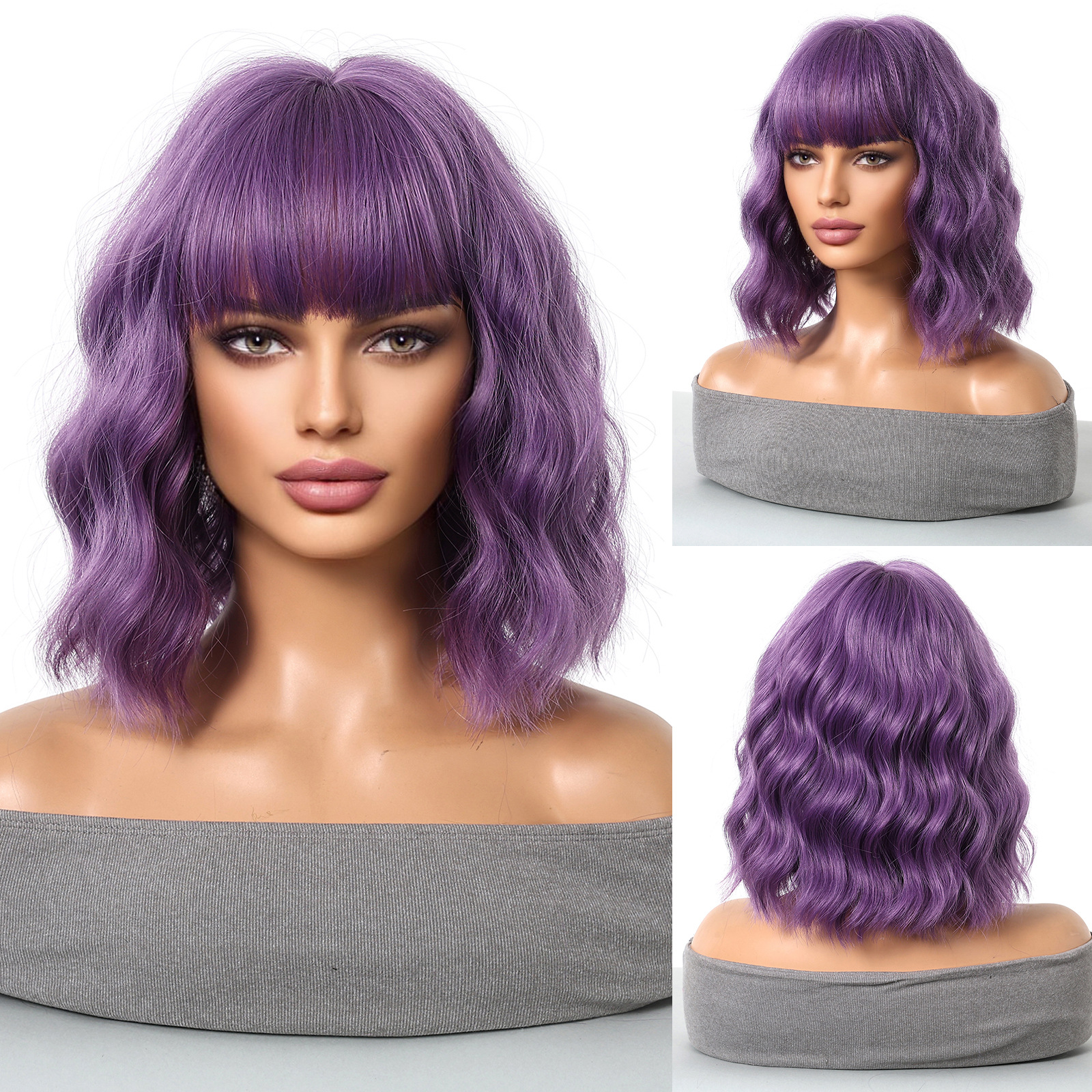 Peluca femenina pelo corto y rizado neto neto natural Qi flequillo realista Bobo cabeza dorada cubierta completa wigs spot