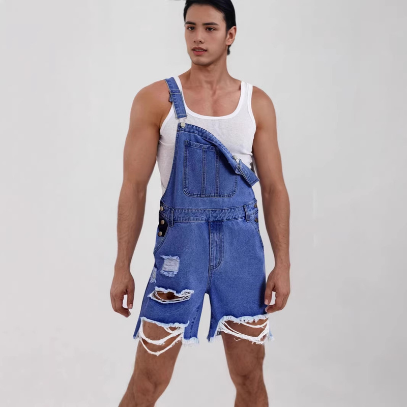European and American Foreign Trade Cross-Border Casual Fashion Ripped Denim Men's Suspender Shorts European and American Foreign Trade Cross-Border Casual Fashion Ripped Denim Men's Suspender Shorts