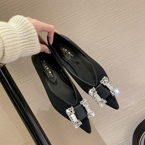 2873-K72 Light Luxury Banquet Flat Shoes European and American Style Satin Mouth Pointed Metal Diamond Buckle Single Sho