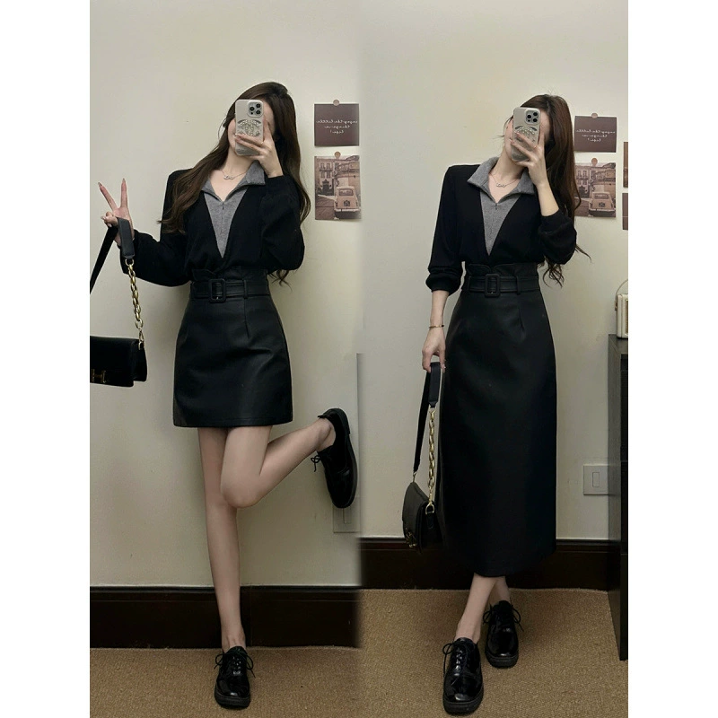 Большой размер женской одежды высокого уровня, чтобы носить трикотажный свитер, длинная кожаная юбка, набор из двух частей, толстый MM