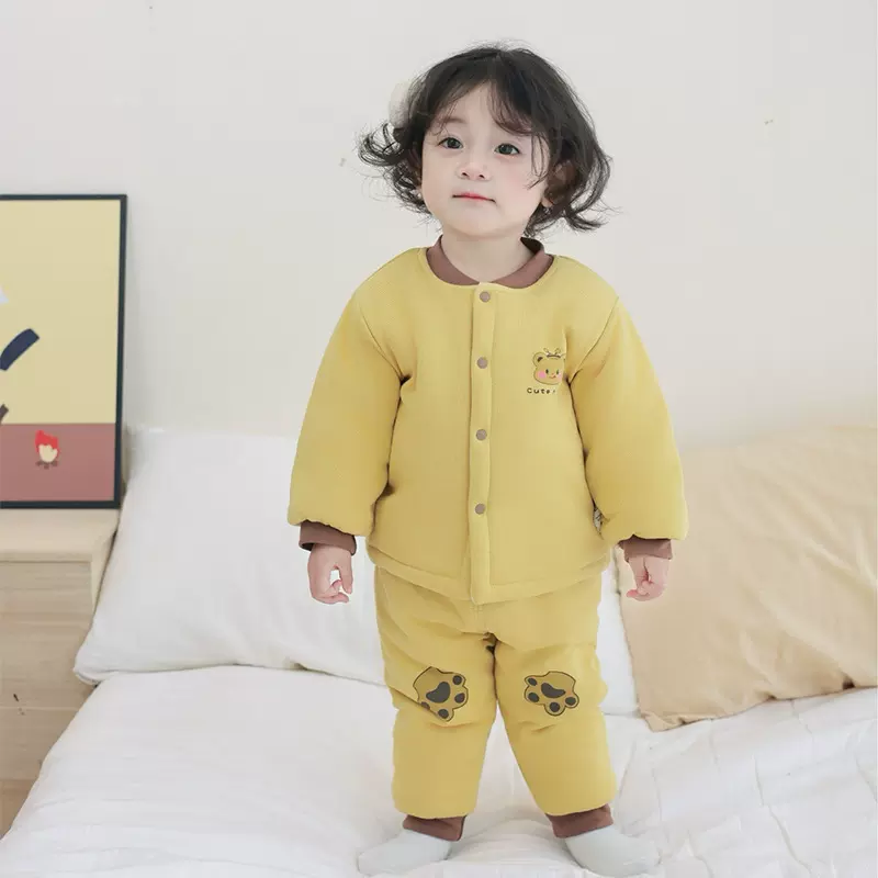 冬季宝宝秋衣秋裤套装140g三层夹棉婴幼儿高腰护肚保暖睡衣家居服