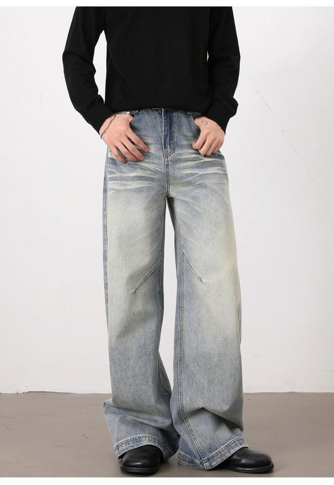 Quần jeans nam dáng rộng ống đứng phong cách high street, lưng vừa, dài ống, dễ phối đồ — Xanh nhạt chi tiết 15