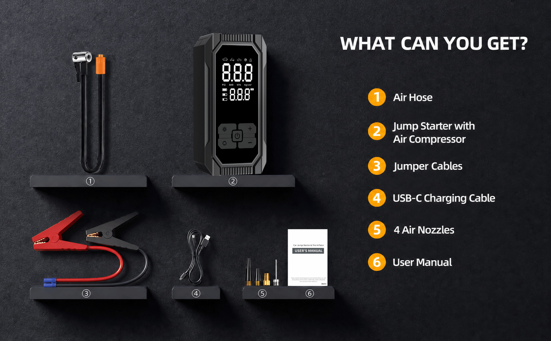 Car emergency jump starter and air pump combo, portable multi-functional digital display air pump for in-car use