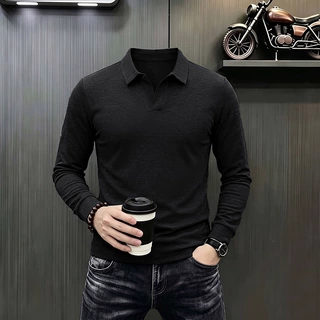 代发Polo衫男2026年春秋季纯色V字青年翻领休闲男t恤剪刀领打底衫