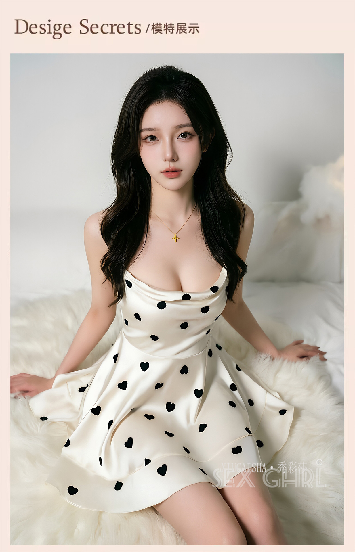 Heart Print Camisole Nightgown for Women, Thin Pure Desire Style with Chest Pads, White XXL — detail image 7