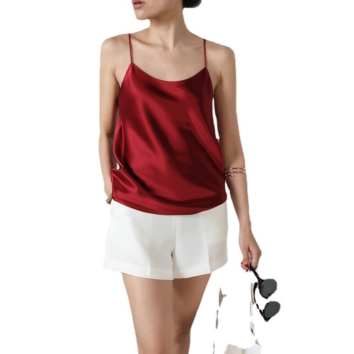 10-color triacetate deep U-neck bias-cut camisole with elegant satin interior, versatile for commuting alone