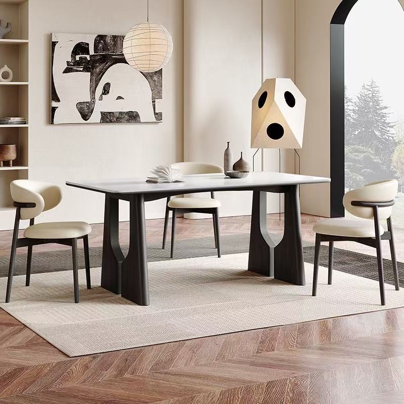 Mesas y sillas de comedor de madera maciza de estilo antiguo, mesa de comedor de tablero de roca para el hogar rectangular pequeño apartamento de celebridades de Internet negro retro francés