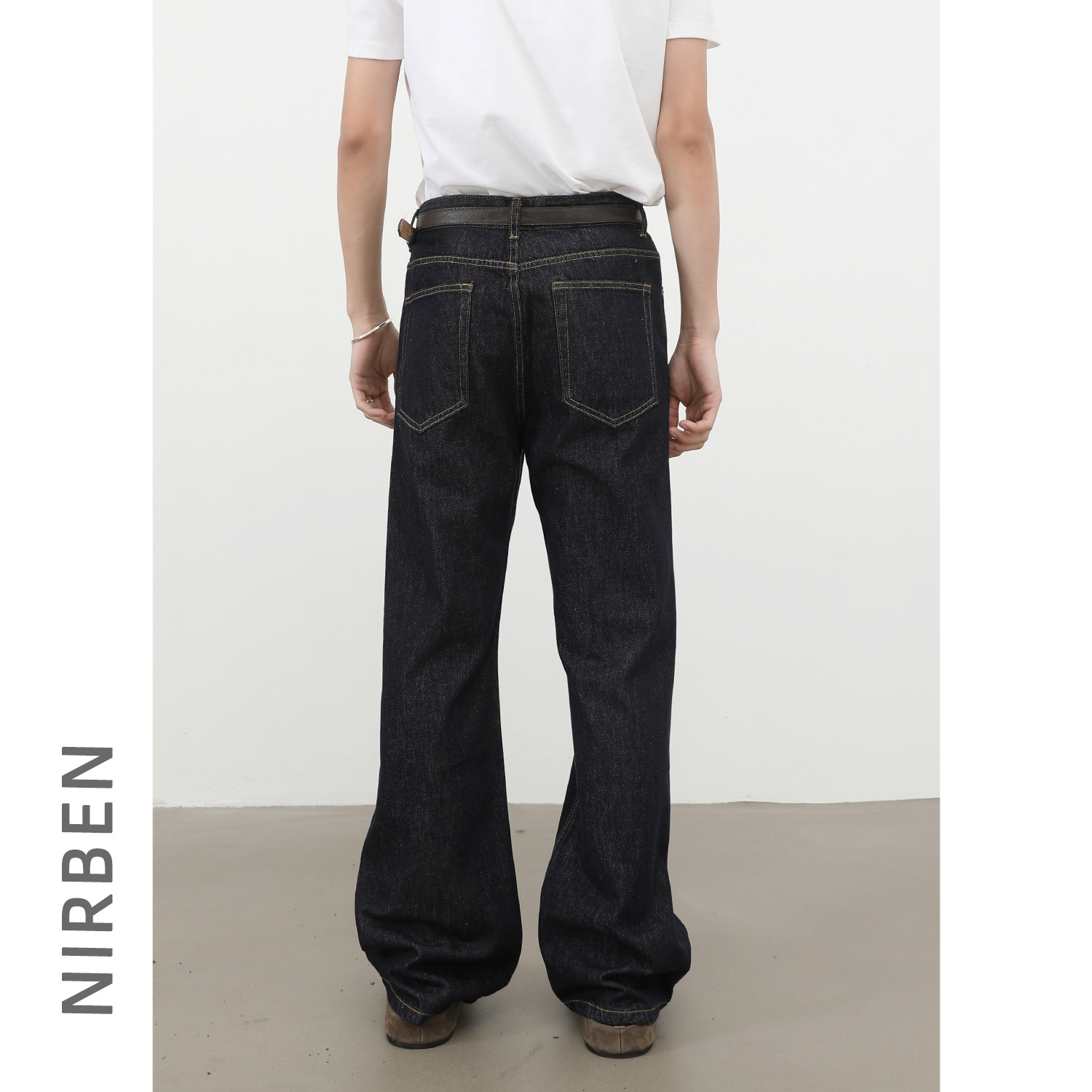 Nirben Denim High Volume Colorfast Raw Denim Jeans For Men Slightly Flared Loose Fit Black Blue_viptrois.com