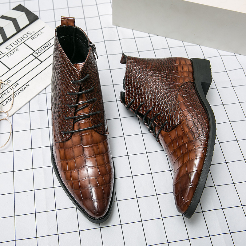 Men's shoes cross-border plus size new leather boots fashion high-top leather boots trend crocodile pattern business formal martin boots wholesale