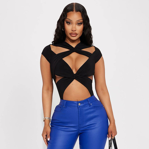 2024 Summer Women's Crossed Hollow Sexy Waistband Short Sleeve Crop Top Bodysuit Wholesale 