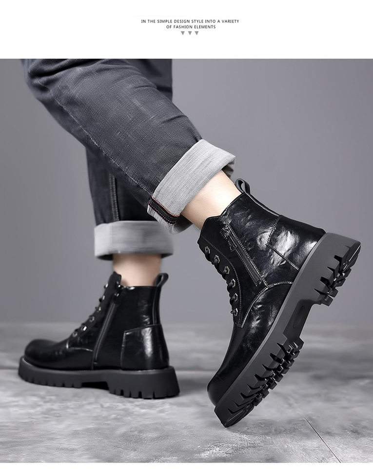 Bốt Martin nam cao cổ lót nhung giữ ấm, da bò, đế cao su, gót thấp 1-3 cm — Màu xám, Màu đen chi tiết 24