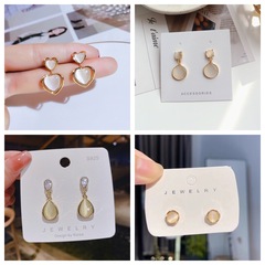 仿貓眼石耳釘銀針耳環古風個性花朵愛心鑲鑽耳飾珍珠水滴耳墜