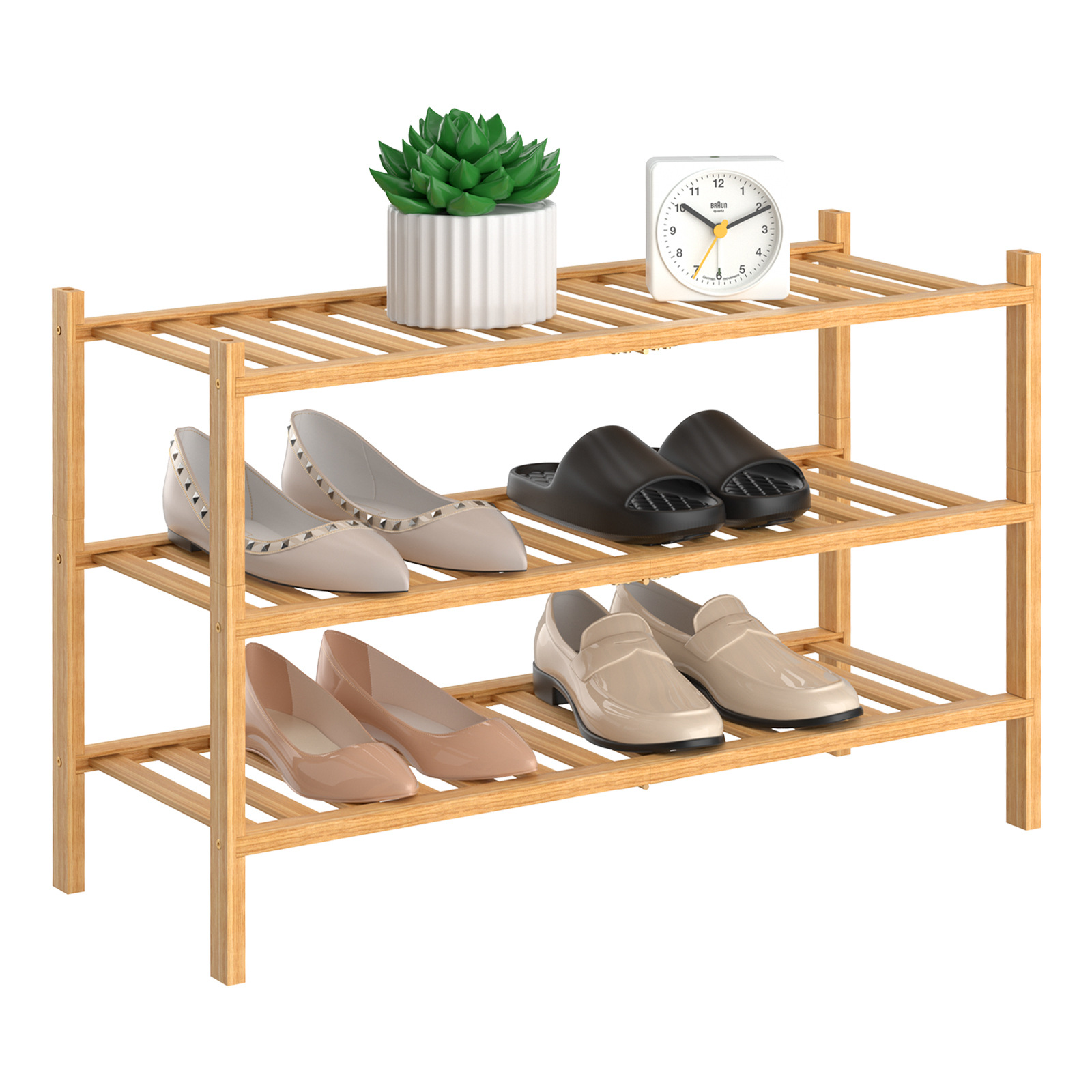 Zapatero plegable de bambú apilable, estante de almacenamiento multicapa para el hogar, ahorrador de espacio, éxito de ventas transfronterizo.
