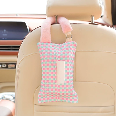 Car-Mounted Tissue Box, Cute Cartoon Style, Female Car Seat Tissue Hanging Bag, Tissue Box for Car Rear Seat (Car tissue box/set) - pink-plaid-tissue-box