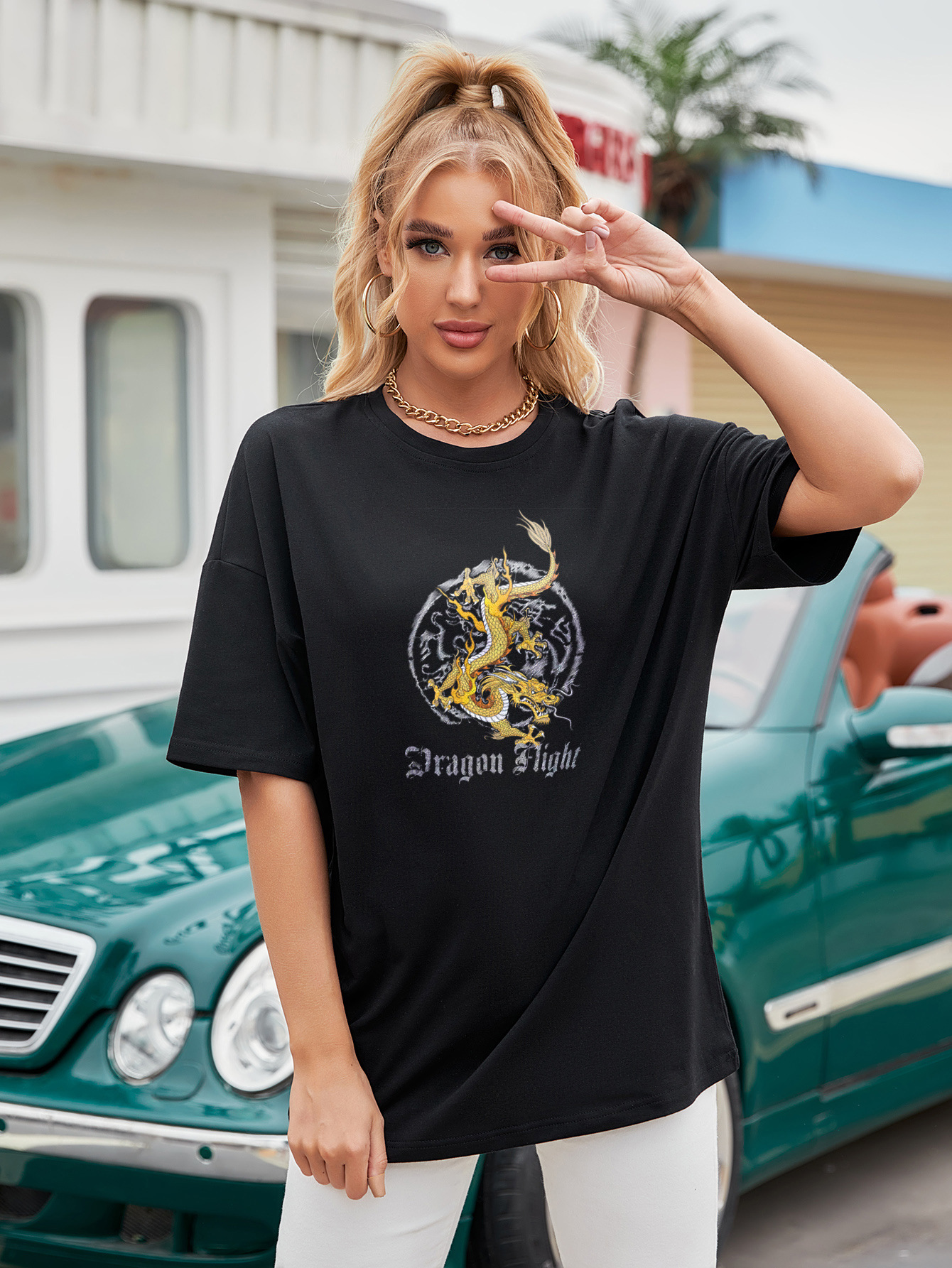 women s Dragon Letter Printing Loose Short Sleeve T-shirt nihaostyles clothing wholesale NSGMX77855