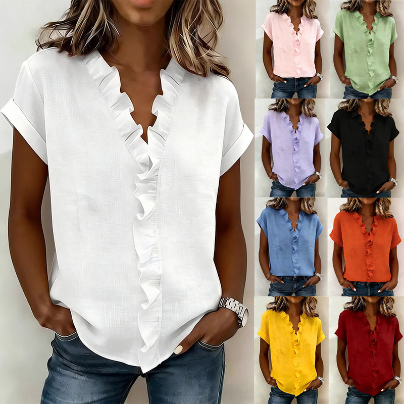 Amazon Wish Cross-Border New European and American Style Summer Cotton and Linen Lace Splicing Short-Sleeved Solid Color Casual Shirt for Women Amazon Wish Cross-Border New European and American Style Summer Cotton and Linen Lace Splicing Short-Sleeved Solid Color Casual Shirt for Women