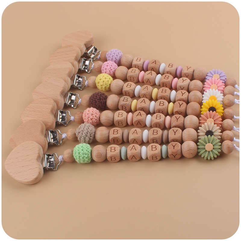 Nuevo bebé haya melocotón corazón calmante bebé DIY dibujos animados Margarita cuentas de silicona mordedura pezón cadena