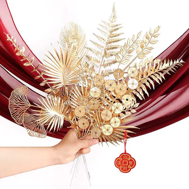 金色塑料花金色凤尾银杏叶新年福桶插花材料金色假花客厅摆设插花|undefined
