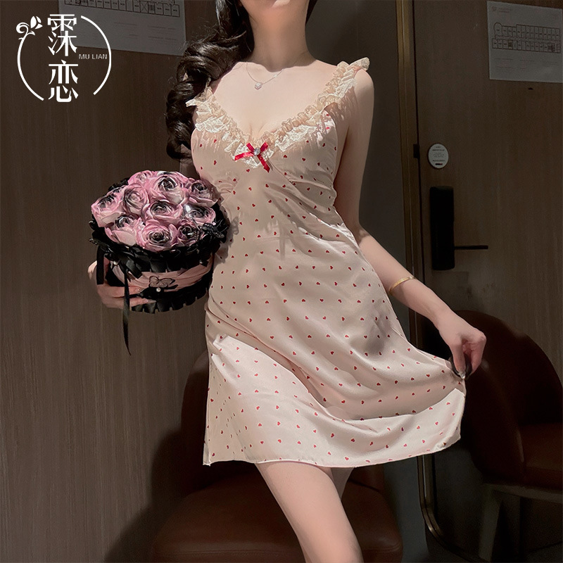 Xuqing 섹시한 속옷 섹시한 프렌치 서스펜더 잠옷 여름 얇은 v 넥 레이스 가슴 패드가있는 순수한 욕망 드레스