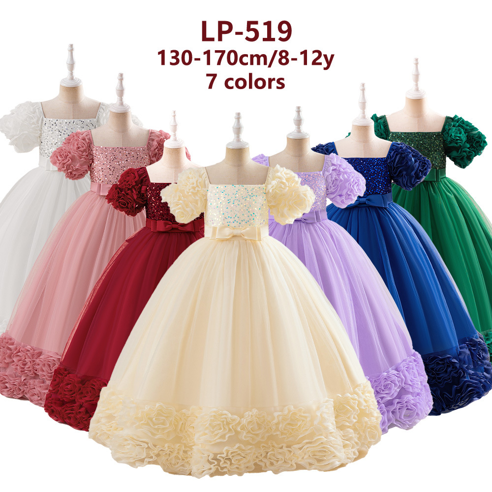 Amazon vestido de princesa de niña vestido de anfitrión vestido de malla rosa vestido de manga de burbuja vestido de sequilla