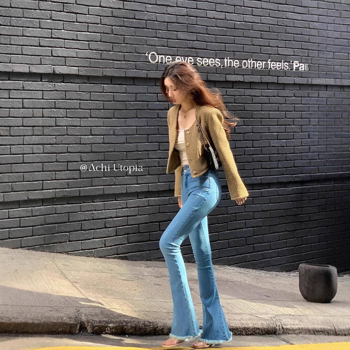 Chi Dayechi Green Round Neck Small Fragrant Jacket Short Long-Sleeved Elegant High-End Single-Breasted Tweed Top