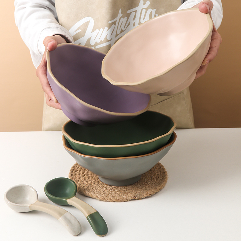 Japanese style stoneware ramen bowl original design handmade lace bucket bowl large household soup bowl vintage ceramic tableware