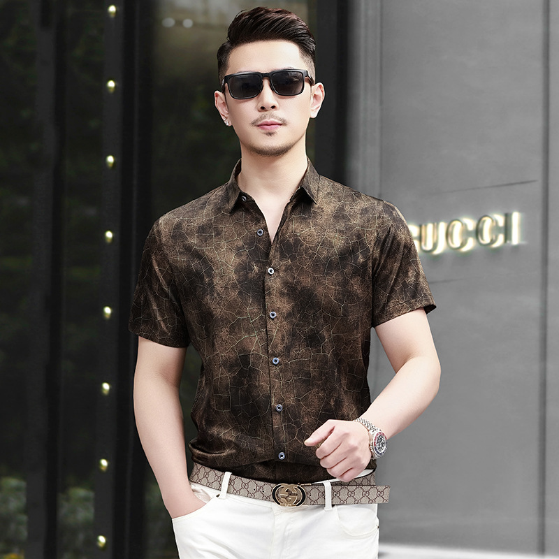 Áo sơ mi nam ngắn tay lụa tơ tằm in họa tiết Trung Hoa kiểu mới mùa hè — Cà phê 5213