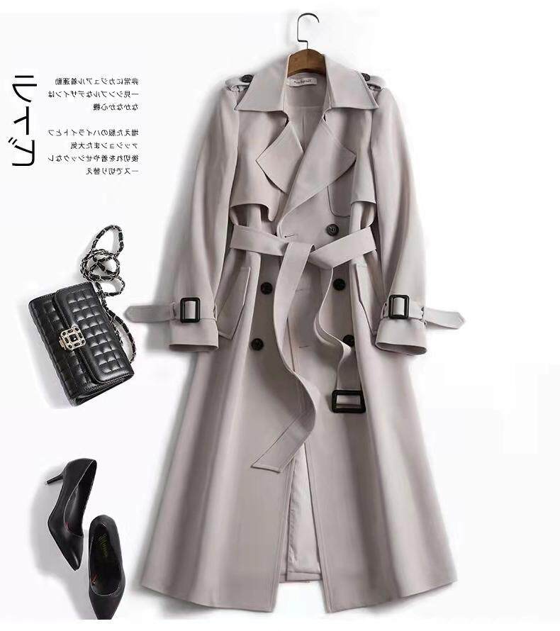 Áo khoác gió nữ dáng trung bình dài qua gối, tay dài, cổ polo, phong cách thanh lịch — Khaki [Lớp lót màu trơn], Lớp lót kẻ sọc kaki, Lớp lót kẻ sọc màu trắng nhạt, Lớp lót kẻ sọc màu xanh hải quân chi tiết 8
