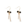 Black retro small earrings with bow from pearl, french style, Chanel style