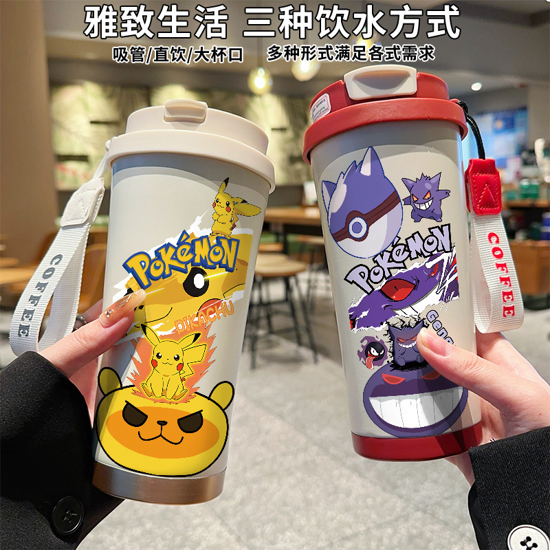 Pokémon Pikachu Gengar Thermos Cup, High-Looking Cartoon Water Cup with Straw, Portable Water Bottle for Students, Men and Women