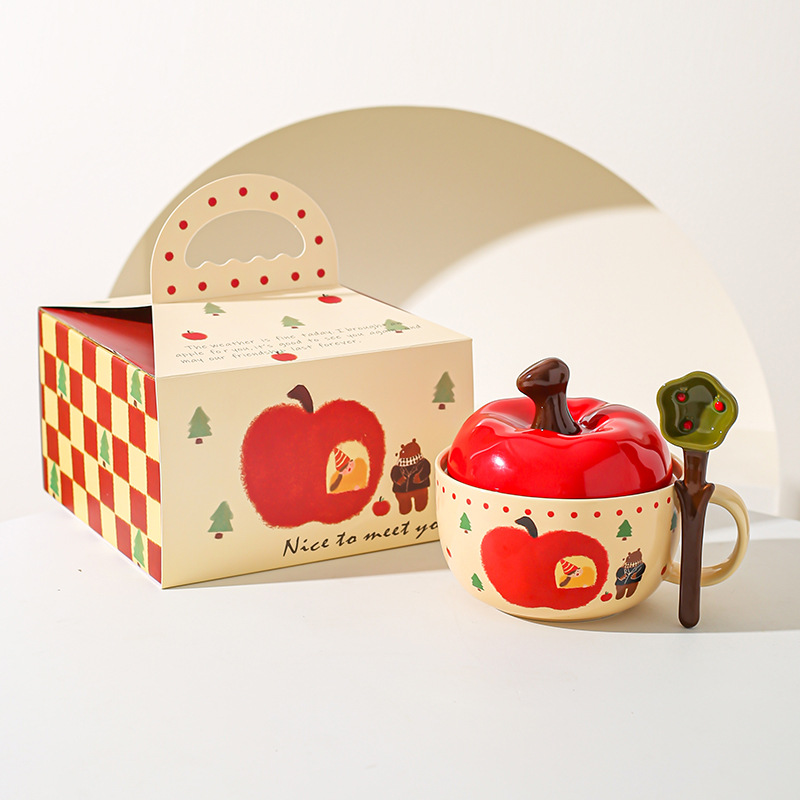 Tazón de cerámica de manzana creativo de alto valor de cara con cuchara de cubierta roja, tazón de fideos, regalo de Navidad para chicas.