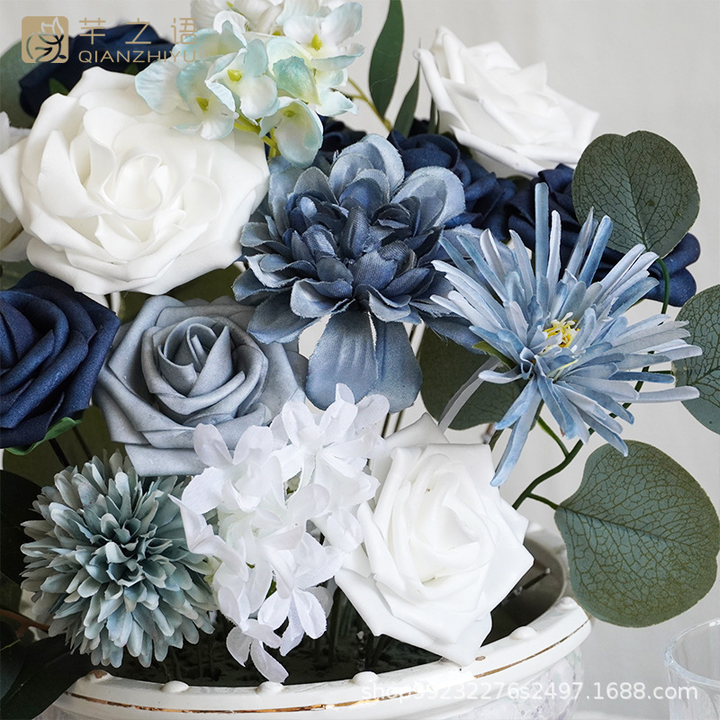 亚马逊热销蓝色系仿真绢布婚礼仪式纪念用品永生新娘伴娘手捧订婚