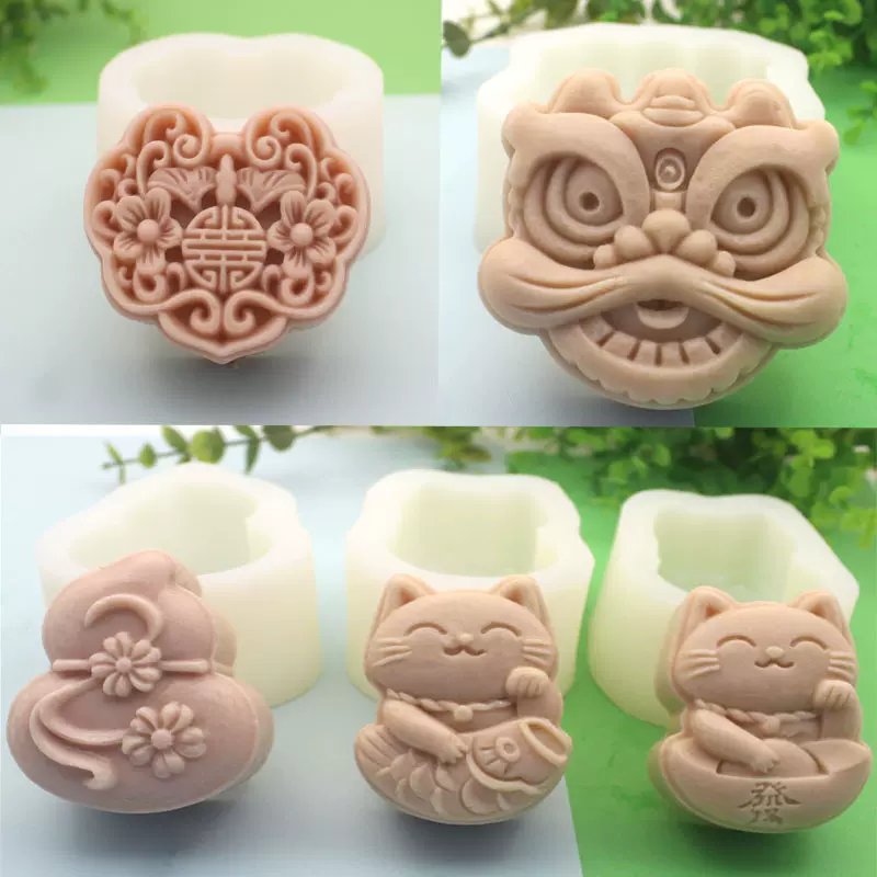 国潮风系列醒狮如意锁招财猫慕斯蛋糕巧克力模冰淇淋蜡烛手工皂模